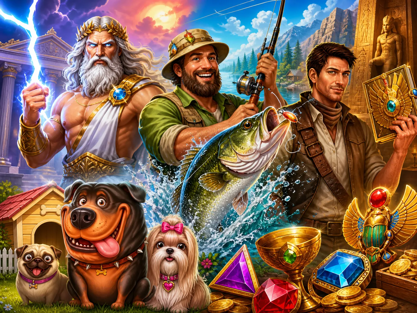 Artwork of slot game characters in a fantasy-themed world, vibrant and colorful.